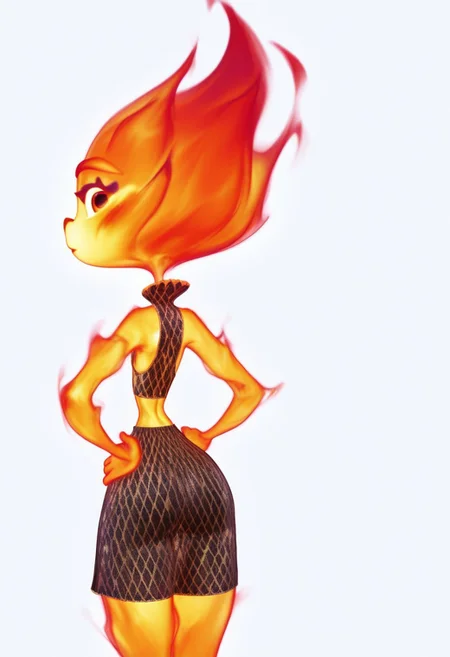 solo, 3mb3r_lum3n, fire, standing, looking back at viewer, back view, blank background, hands on hips