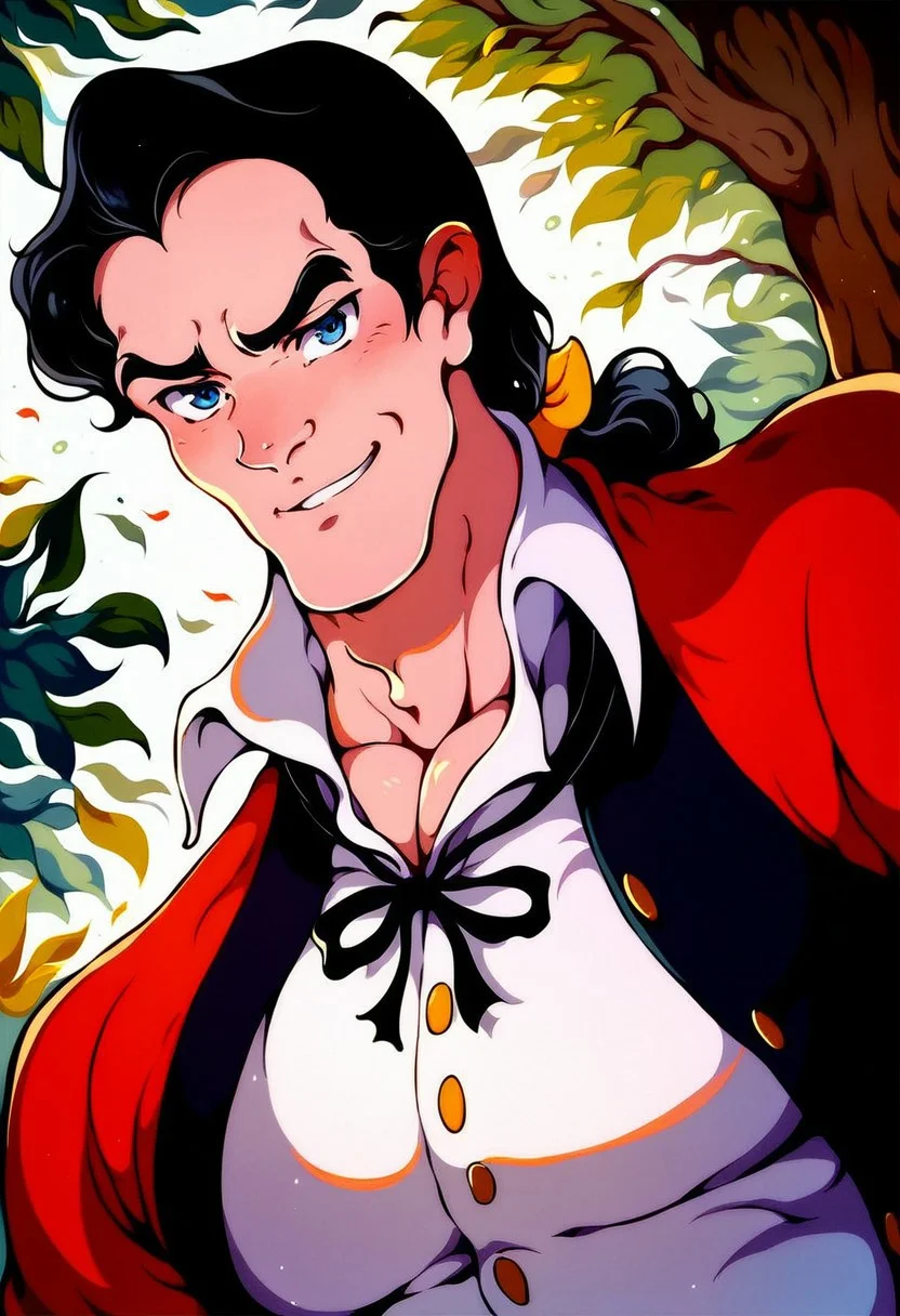 score_9, score_8_up, score_7_up, Gaston, buff, prominent chin, pronounced cheekbones, blue eyes, black hair, ponytail, Gaston-outfit