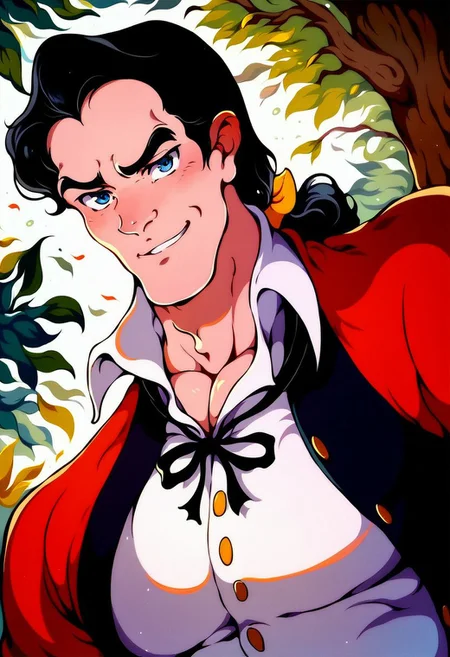 score_9, score_8_up, score_7_up, Gaston, buff, prominent chin, pronounced cheekbones, blue eyes, black hair, ponytail, Gaston-outfit