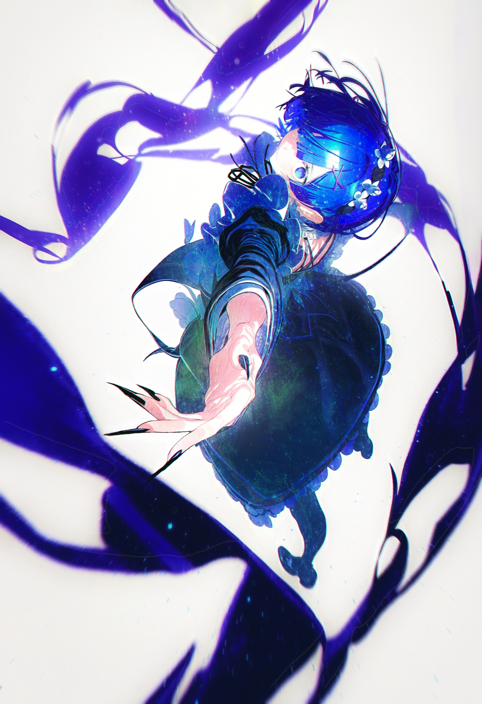 1girl, rem \(re:zero\),  solo,   safe general, reaching, maid, blue hair, 
detailed illustration, simple background, light background, cinematic,  from above, standing, leaning back, perspective, dynamic pose, full body, foreshortening, sharp fingernails, long fingernails, black nails, 
dark purple aura and particles floating around,  light particles, blue embers,
(by
 rolua, roitz \( roitz \),  
:1.3), masterpiece, highres, greatscore, absurdres,
<lora:ani40_stabilizer_v0.1:0.5>