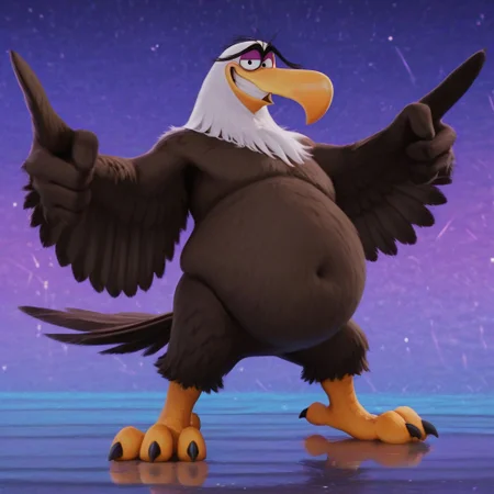 MightyEagle, 2d, 1boy, Male, furry, furry male, brown feathers, white feathers, two tone feathers, eagle, feathered hands, tail feathers, winged arms, white head, feathered head, thick eyebrows, long yellow beak, orange feet, talons, small legs, black toe claws, purple eyelids, black eyes, small pupils, unibrow, fat, bald
BREAK posing, full body, abstract background, grinning, looking at viewer, navel
BREAK best quality, amazing quality, very aesthetic, absurdres, newest, masterpiece, high quality