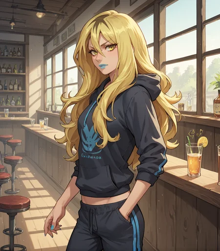 <lora:Delinquent_Pokemon_ORAS:.7> delinquent_oras, long hair, blonde hair, multicolored hair, hood, track pants, blue lips, blue nails, yellow eyes,  bar, windows in background, hood down, hoodie, midriff, atmospheric lighting, shadows, solo, score_9, score_8_up, score_7_up, score_6_up, score_5_up,