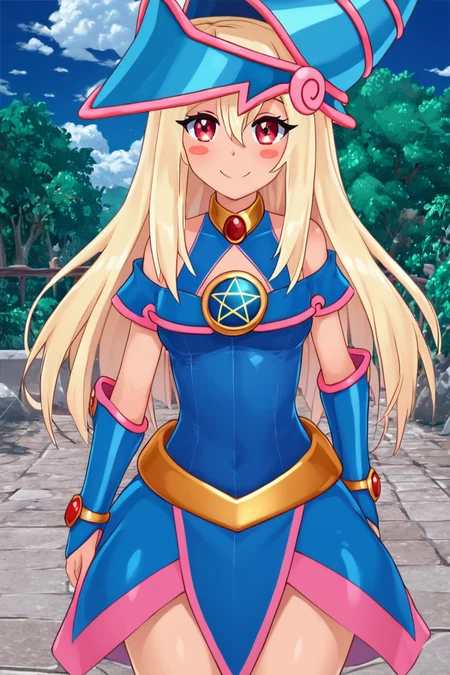 score_9, score_8_up, score_8, large breasts, (curvy), cute, eyelashes, ,,, , ,,, zzPrismagicCitronOC, hair between eyes, red eyes, blonde hair, long hair, blue headwear, wizard hat, bare shoulders, detached sleeves, pentacle, dress, blush stickers, <lora:Prismagic_CitronOC_PDXL:0.8>, ,,,, BREAK, smile, looking at viewer, cowboy shot, ,,, outdoors, sky, day, cloud, tree, blue sky, sunny, ,,, Expressiveh, ,,, <lora:Alola_Style_PDXL:0.8>, <lora:Expressive_H-000001:0.4>,