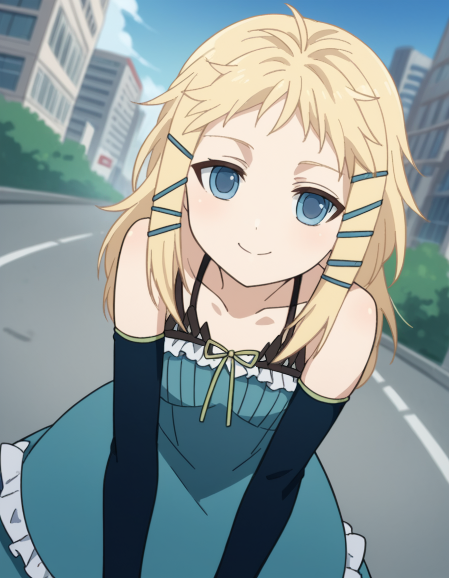 score_9, score_8_up, score_7_up, source_anime,
tinasprout, <lora:tina-sprout-s1-ponyxl-lora-nochekaiser:1>,
tina sprout, long hair, blonde hair, hair ornament, blue eyes,
gloves, dress, bare shoulders, frills, black gloves, elbow gloves, blue dress, frilled dress,
cityscape, street, smile, bent over,
looking at viewer, cowboy shot, solo, dutch angle