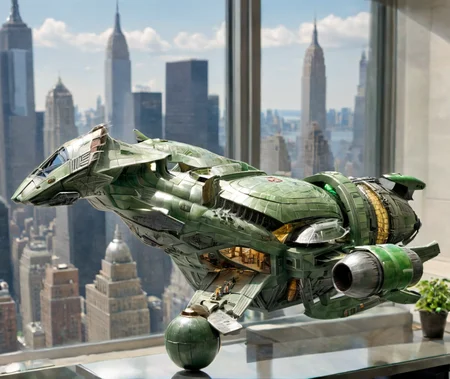 a ((jade sculpture):1.5) of a (s3r3n1ty:1.0) spaceship sitting on a desk next to a window overlooking Manhattan, highly detailed, perfect features, symmetrical <lora:s3r3n1ty_SDXL_v1_32-000031:1> <lora:xl_more_art-full_v1:0.4>