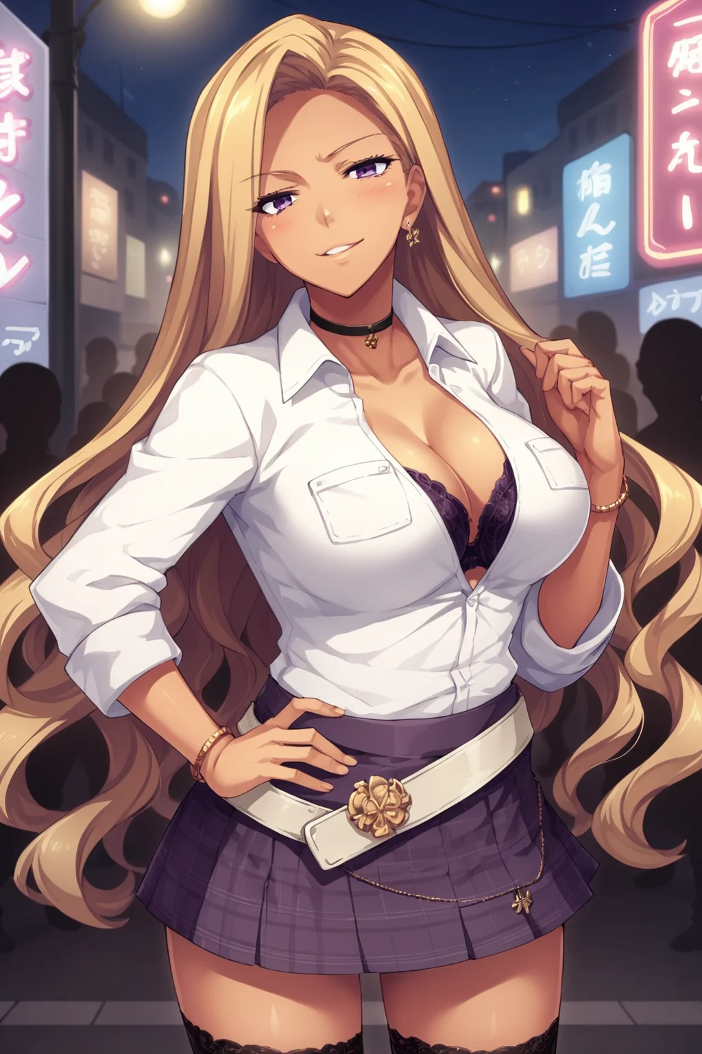 score_9, score_8_up, score_7_up, source anime,
from side, upper body, standing, hand up, hand on hip, light smile, parted lips,smug, looking at viewer, head tilt, blush,
1girl, <lora:JK Bitch - Yaginuma Youko:0.8>, yaginuma youko, blonde hair, very long hair, purple eyes, large breasts,
collared shirt, choker, bra peek, microskirt, belt, bracelet, black thighhighs, earrings,
street, night, neon lights, crowd