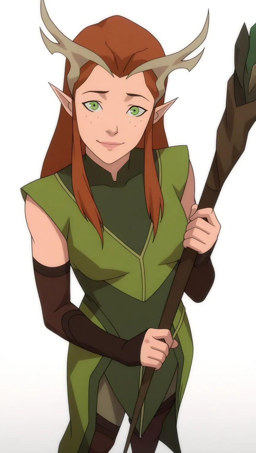 Keyleth, absurdres, masterpiece, best quality, 8k, small smile, 1girl, solo, long hair, orange hair, freckles, antlers, green eyes, pointy ears, green robes, fingerless elbow gloves, green leggings, brown boots, staff, lips, looking at viewer, small, head tilt, official style, from above, fit to frame,, dynamic angle, white background