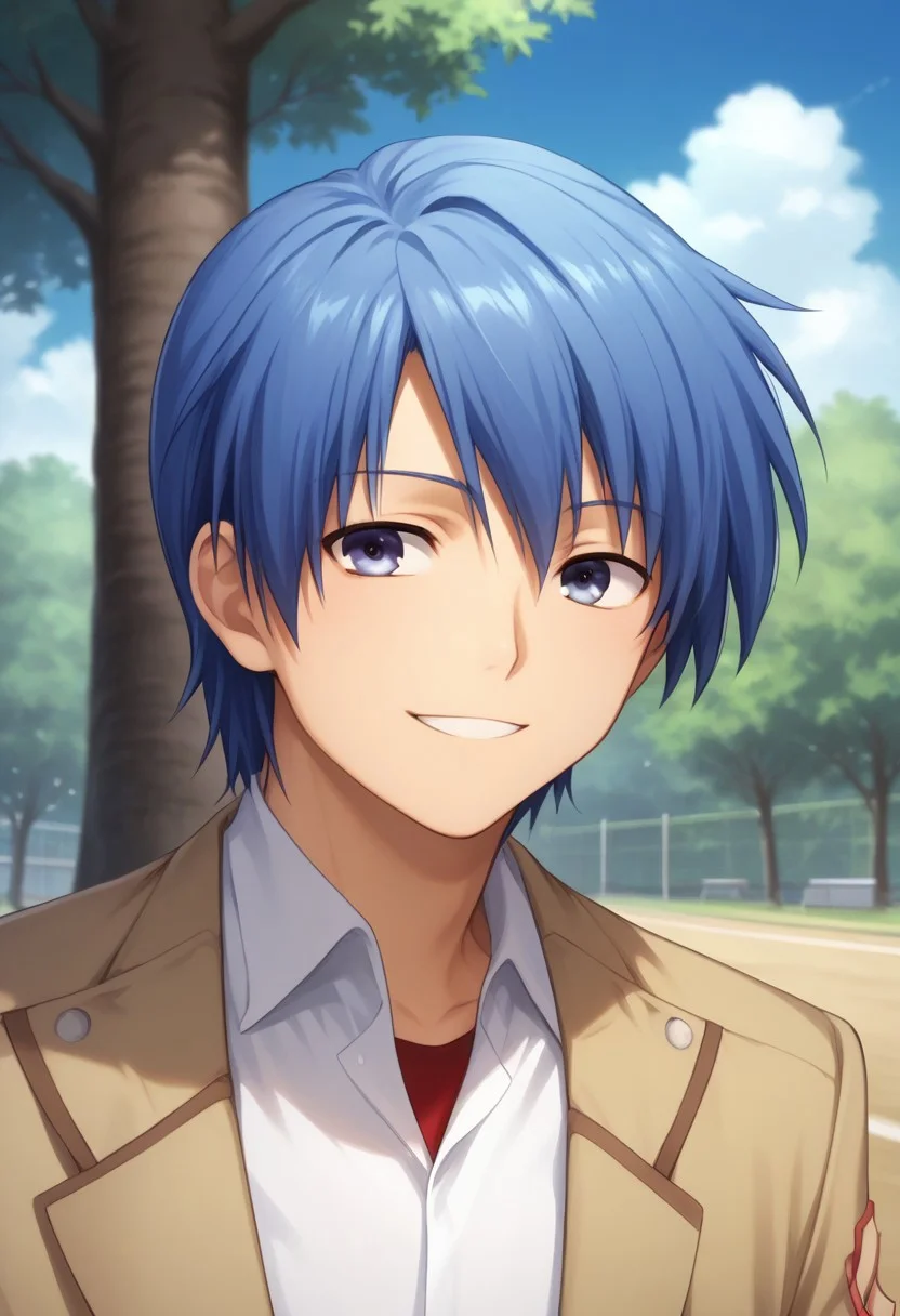 score_9, score_8_up, score_7_up, source_anime, highly detailed,
hideki, 1boy, male focus, school uniform, solo, blue hair, blue eyes,
shinda sekai sensen uniform, smile,
outdoor, sky, blue sky, tree