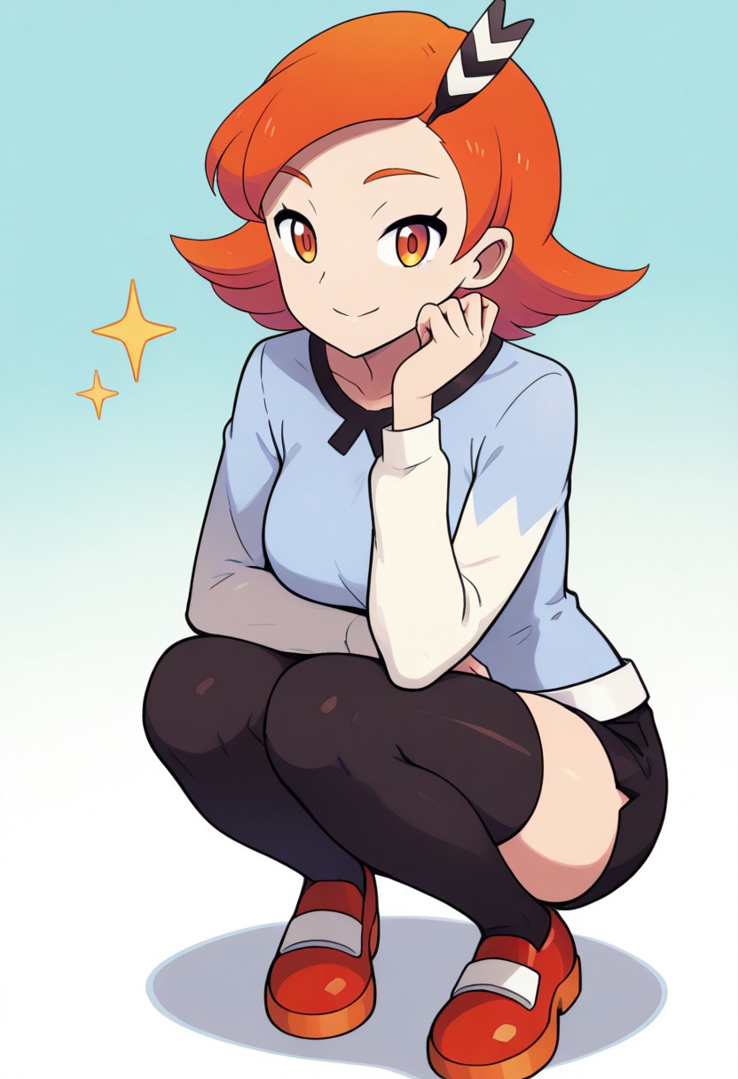 2d, masterpiece, best quality, amazing quality, 1girl, solo, close-up, squatting, smile, full body, leaning_forward, looking at viewer, multicolored background, sparkle, gradient background, colorful background, green background, blue background, bavi, orange hair, short hair, bangs, hair ornament, orange eyes, shirt, multicolored shirt, light blue shirt, long sleeves, black shorts, white belt, black thighhighs, shoes, red footwear, (mature female, adult body, grown up, aged up)