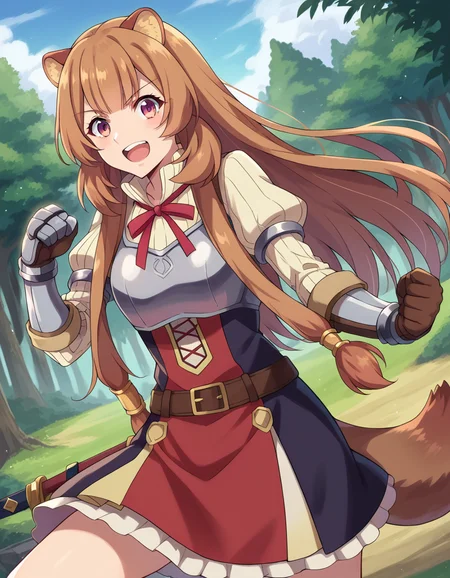 score_9, score_8_up, score_7_up, source_anime,
raphtalia, <lora:raphtalia-ponyxl-lora-nochekaiser:1>,
raphtalia, long hair, bangs, brown hair, animal ears, raccoon ears, raccoon tail, raccoon girl, pink eyes, smile,
long sleeves, sweater, ribbed sweater, puffy sleeves, breastplate, ribbon, red ribbon, gauntlets, glove, brown gloves, belt, skirt, armor,
outdoors, forest, nature, sword, weapon, holding weapon, fighting stance, shouting,
looking at viewer, cowboy shot, dutch angle, dynamic pose,