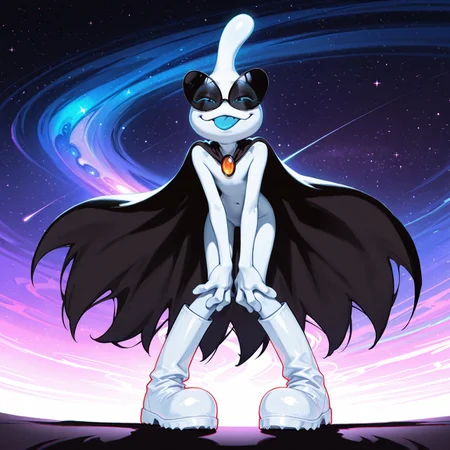 masterpiece, ultra detailed, amazing quality, absurdres, very aesthetic, from below, looming, solo, male focus, 1boy,
orbulon_WW, white skin, alien, 3 fingers, fewer digits, sunglasses, eyes visible through eyewear, closed eyes, blue eyes, knee boots, white footwear, spiked footwear, pigeon toed, kneeling, brooch, black cape, torn cape, closed mouth, smirk, :3, blue tongue, tongue out, hands on own knees, slim, full body, leaning forward, fluttering cape,
BREAK
detailed shading, shadow, WaiIL25PosC, g0th1c, glowing, backlighting, starry sky, psychedelic background, galaxy,