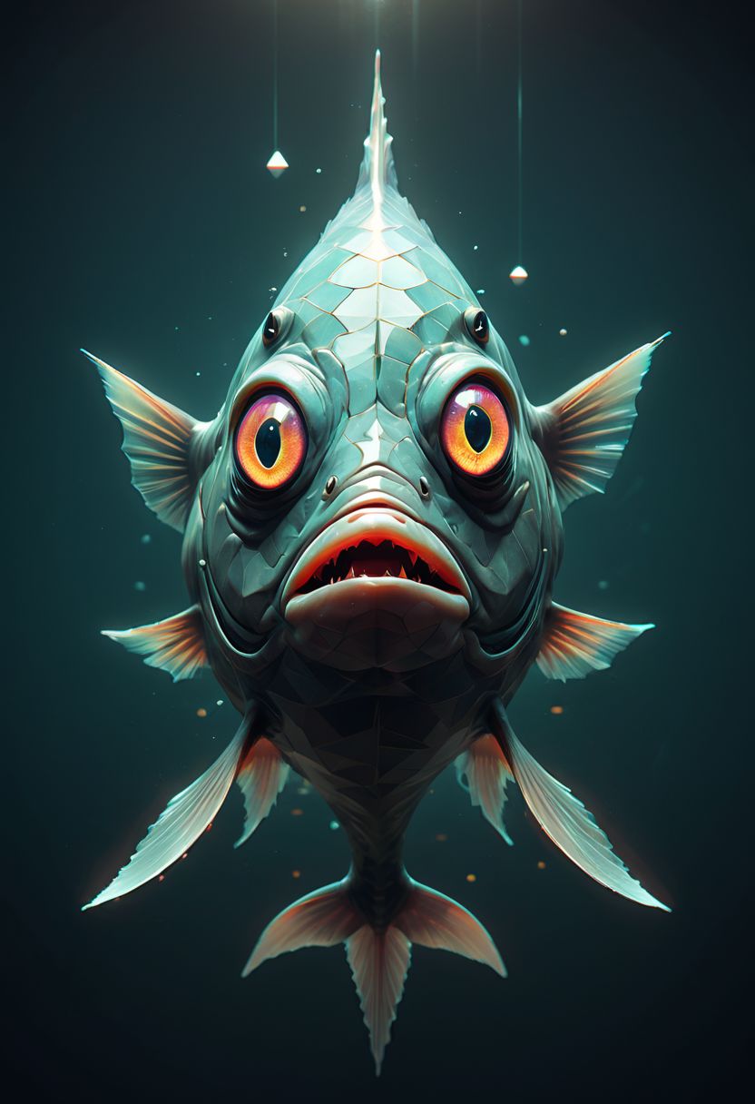 Surreal fish, glowing eyes, glitchcore, double exposure, poster style, geometric, triangles, glitchy, eerie, lights, occult, dark, fish fish fish