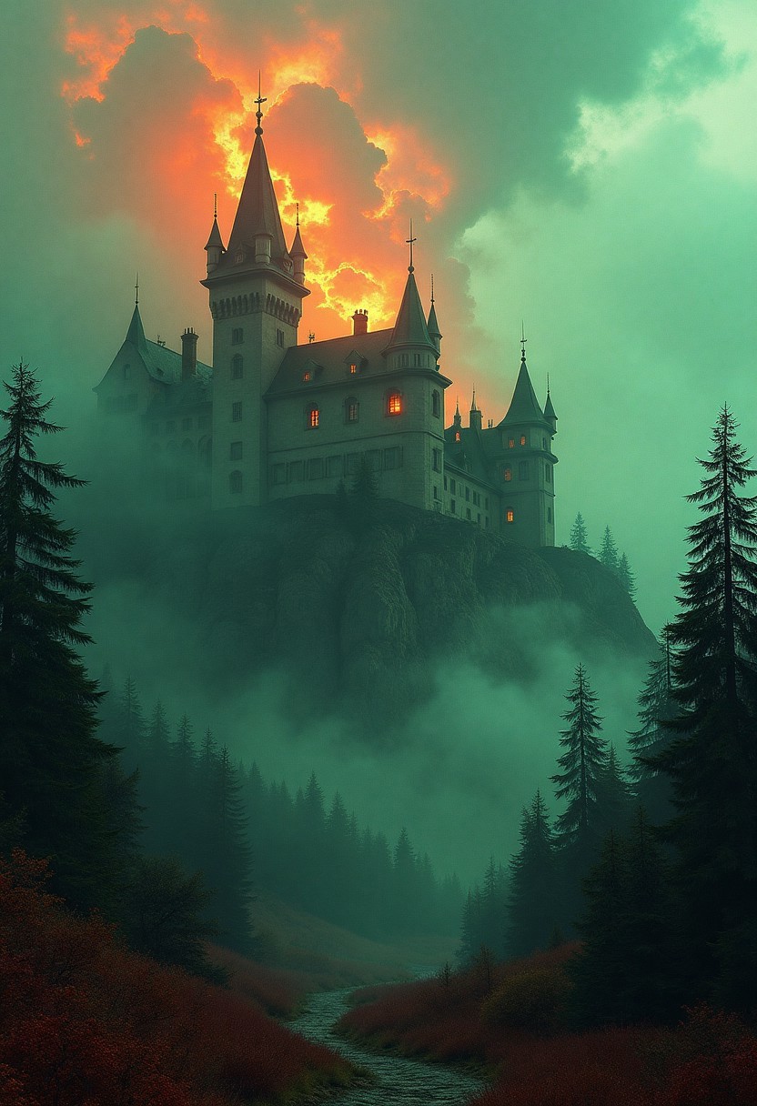 A stunning, vibrant cinematic photograph of a mysterious old castle in the mist-shrouded foothills of a mystical forest, fantasy art that evokes a sense of high-stakes drama in the style of Image's comic book photography, photo-realistic textures and film grains immerse the viewer in the scene, bathed in warm, golden light dotted with emerald greens and crimson reds, as if the forest itself were ablaze, the Ethereal clouds surround the forest, capturing the intensity of the fight for survival.