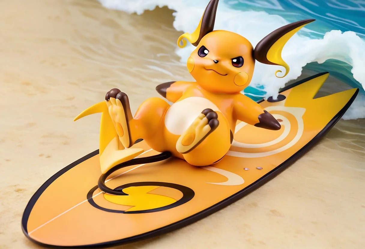 score_9, score_7_up, source_furry, rating_safe, solo, <lora:POKEMON_RAICHU_r1:1> raichu, pokemon, brown toes, brown feet, tan soles, pokemon (creature), 3 toes, foot focus, feet style, foot style, water, surfing, feet on surfboard, wet on feet, close-up