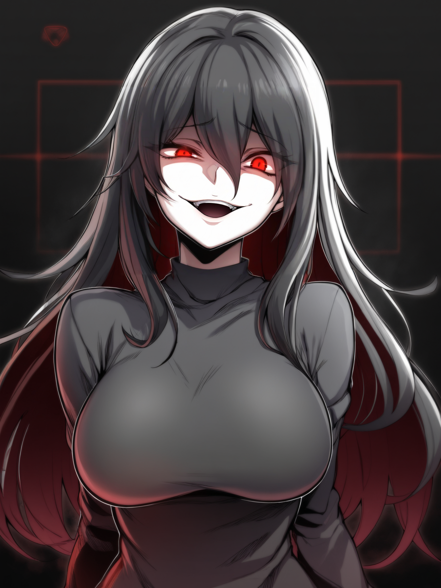 Masterpiece, Best Quality, Best Score, Best Anatomy,
 <lora:ebiblue_Artist_Style_IllustriousXL:1>,1girl, looking at viewer, gesugao, open mouth, evil smile, long hair, long sleeves, red eyes, hair between eyes, large breasts,