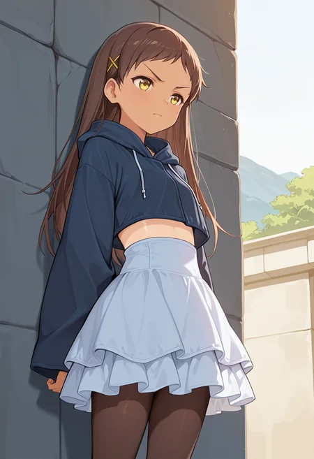 masterpiece,high quality details,
outdoors,
<lora:Sayama_Chie:0.8>
chie_cnr, 1girl, brown hair, long hair,yellow eyes, tan, tanlines, hairclip,, scowl,lonely,, crop jacket ,robe ,ruffled skirt, ,pantyhose,