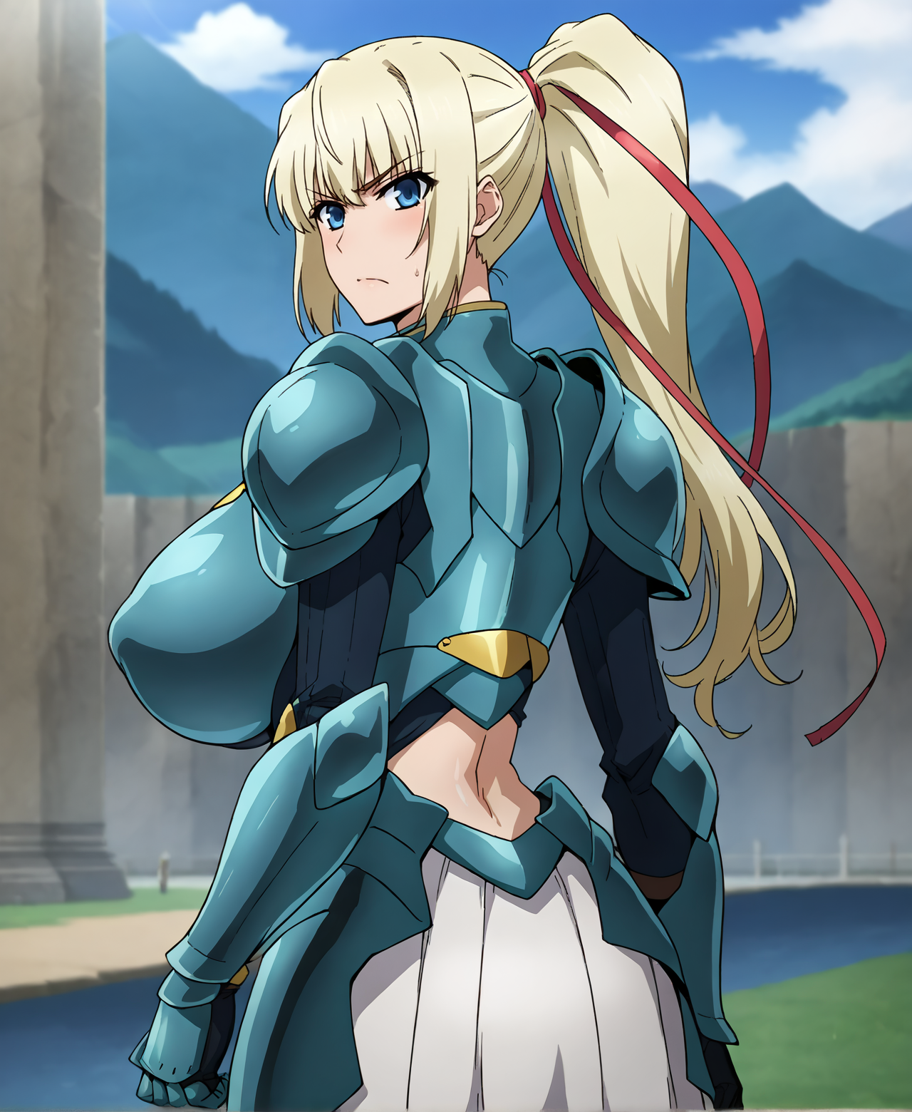 score_9,score_7_up, BREAK source_anime,1girl,from behind,look back,,frown, <lora:Limalisha_v1:0.8>Limalisha,blonde hair,hair ribbon,blue eyes,long side ponytail,green shoulder armor,huge breasts,white skirt,armored boots,zettairyouiki,outdoors,