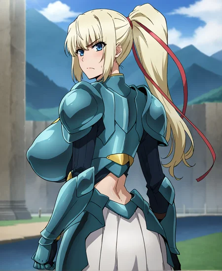 score_9,score_7_up, BREAK source_anime,1girl,from behind,look back,,frown, <lora:Limalisha_v1:0.8>Limalisha,blonde hair,hair ribbon,blue eyes,long side ponytail,green shoulder armor,huge breasts,white skirt,armored boots,zettairyouiki,outdoors,