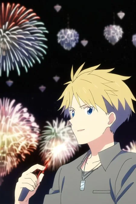 high resolution, professional photography, solo, best quality, 1Boy, Yamato Ishida, Blond Hair, Deep Blue Eyes, Necklace, festivals, nights, fireworks, crowds, happy, OverallDetail