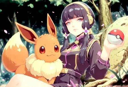 <lora:ck-shadow-circuit-IL:0.78>,
masterpiece, best quality, good quality, very aesthetic, absurdres, newest, 8K, depth of field, focused subject,
dynamic angle, manga, anime, ink sketch, dynamic angle, dutch angle, wabi sabi, 1girl trainer, holding a pokeball, Eevee pokemon (creature) sitting on her lap, looking at viewer, relaxing, motion lines, bronze palette, background trees and forest with floating flower petals in the wind
<lora:MoriiMee_Gothic_Niji_Style_Illustrious_r1:0.45>
<lora:ck-nc-cyberpunk-IL-000011:0.4>
<lora:ck-neon-retrowave-IL:0.2>
<lora:ck-70s-scifi-IL:1>