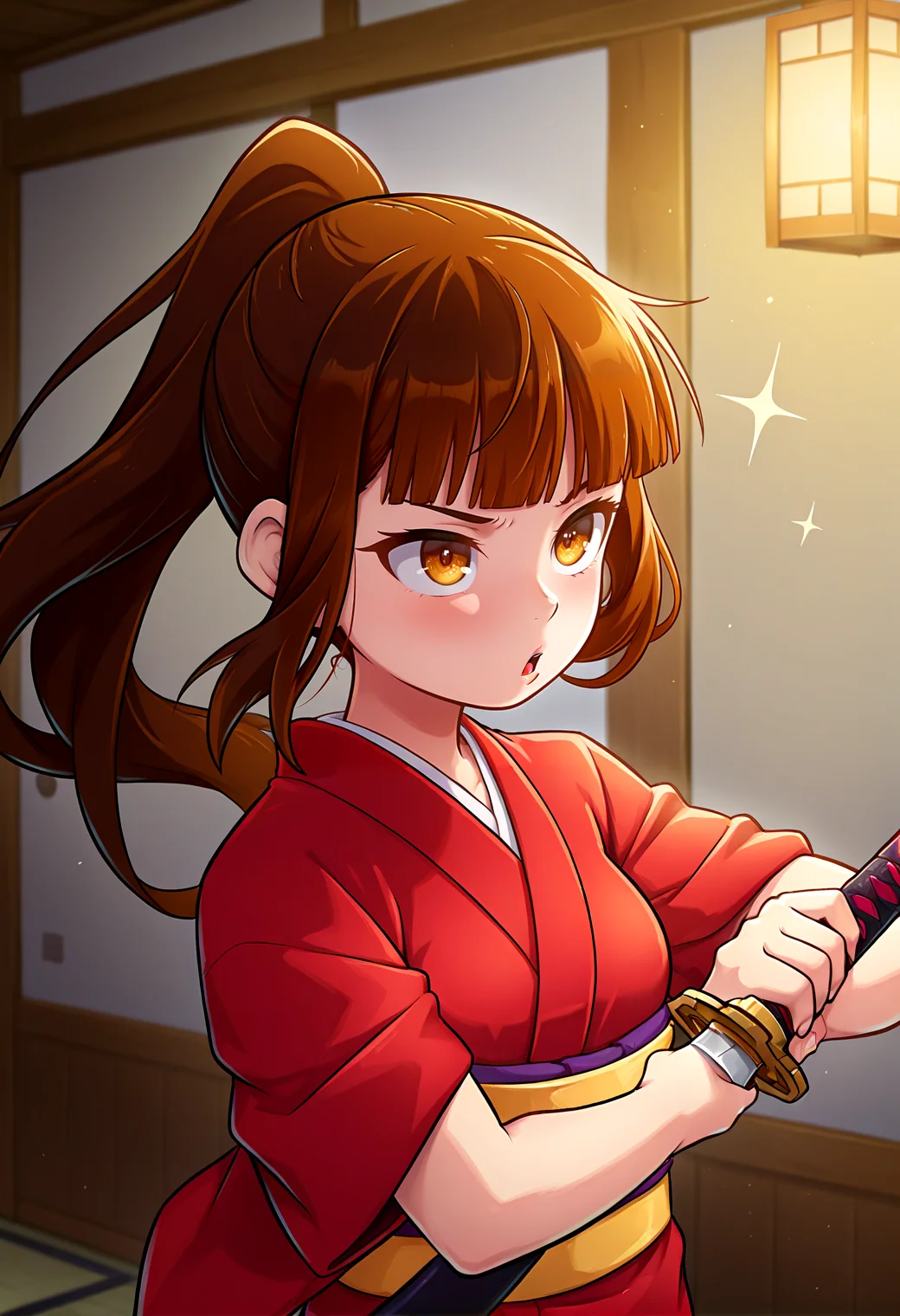 IllustriousQual <lora:StS-Illustrious-Detail-Slider-v1.0:2> <lora:cfg_scale_boost:0.3>,detailed_background,indoors,wide sleeves,sash,weapon,holding sword,long hair,japanese clothes,ponytail,floating hair,looking ahead,unsheathing,sword,sheath,closed mouth,red kimono,katana,sparkle,holding,upper body,shiki \(boushi sekai\),yellow sash,yellow eyes,holding weapon,obi,solo,highres,brown hair,:/,blunt bangs,reki \(reki13c\),short sleeves,boushi sekai a little world,kimono,serious,two-handed,1girl