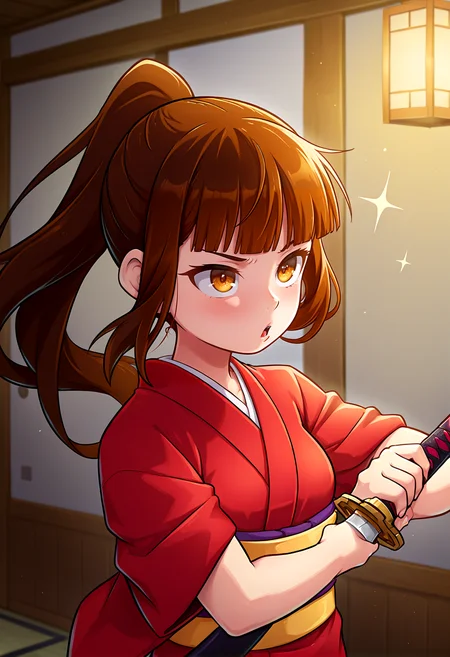 IllustriousQual <lora:StS-Illustrious-Detail-Slider-v1.0:2> <lora:cfg_scale_boost:0.3>,detailed_background,indoors,wide sleeves,sash,weapon,holding sword,long hair,japanese clothes,ponytail,floating hair,looking ahead,unsheathing,sword,sheath,closed mouth,red kimono,katana,sparkle,holding,upper body,shiki \(boushi sekai\),yellow sash,yellow eyes,holding weapon,obi,solo,highres,brown hair,:/,blunt bangs,reki \(reki13c\),short sleeves,boushi sekai a little world,kimono,serious,two-handed,1girl
