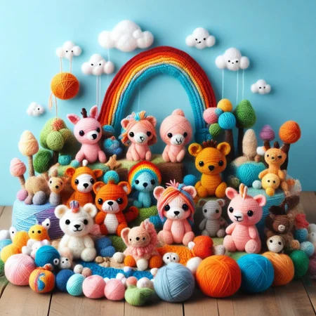 score_9, score_8_up, score_7_up, Yarnworld, rainbow colors, chibi animals, made of yarn, cute design,
beach background,