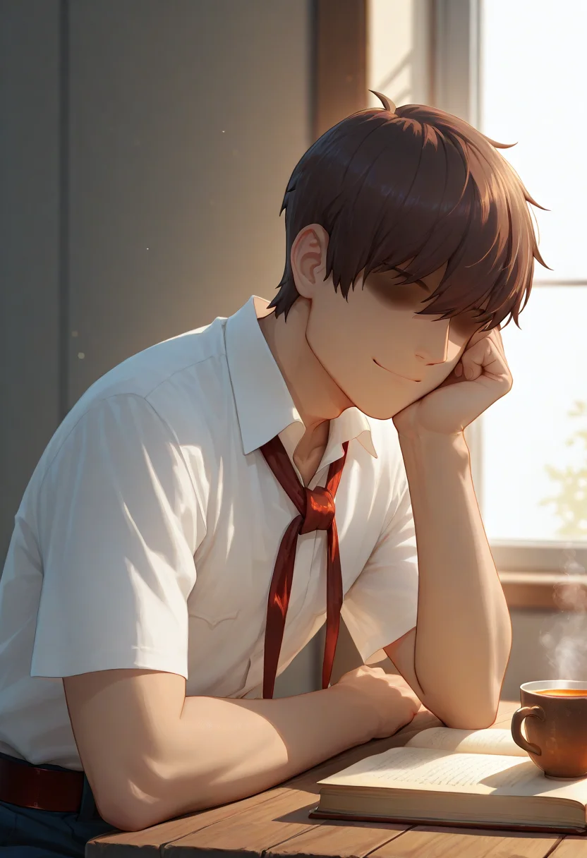 cinematic film still concept art masterpiece, best quality,
 <lora:sembl:1> psembl, 1boy, solo, male focus, brown hair, shirt, white shirt, faceless, necktie, short sleeves, hair over eyes, belt, shaded face, A kind smile, closed mouth<lora:dark_v1.9-pony:0.9>cozy room with a wooden table, a cup of steaming tea, a book, soft sunlight through the window, a cat sleeping nearby, warm and peaceful atmosphere, minimalistic and calming vibe <lora:NOOB_vp1_detailer_by_volnovik_v1:1> . digital artwork, illustrative, painterly, matte painting, highly detailed . shallow depth of field, vignette, highly detailed, high budget Hollywood movie, bokeh, cinemascope, moody, epic, gorgeous, film grain, grainy