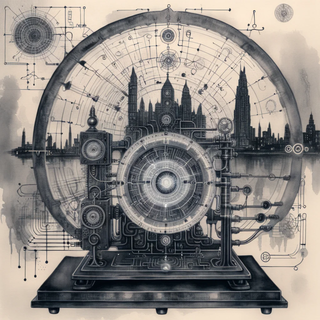 ampereart ink drawing of a mystical time machine with an electrical diagram, in the background a dark city <lora:ampereart:1>