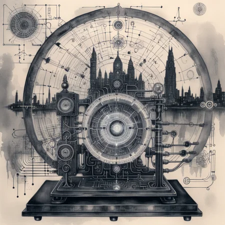 ampereart ink drawing of a mystical time machine with an electrical diagram, in the background a dark city <lora:ampereart:1>