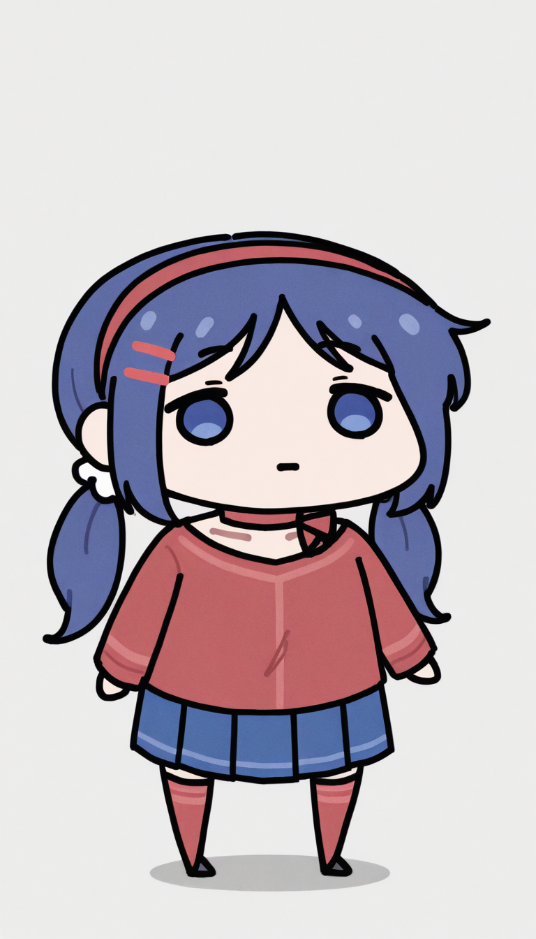 simple background,grey background,1girl,
mita_(miside),standing,cowboy shot<lora:Mita:0.7>long hair,hairclip,long sleeves,blue hair,low twintails,red hairband,white scrunchie,red sweater,collarbone,red choker,pleated skirt,blue skirt,ribbon choker,red thighhighs,zettai ryouiki<lora:style_walfie_illustriousXL-GLoRA:1>(chibi,blue dot eyes:1.3)