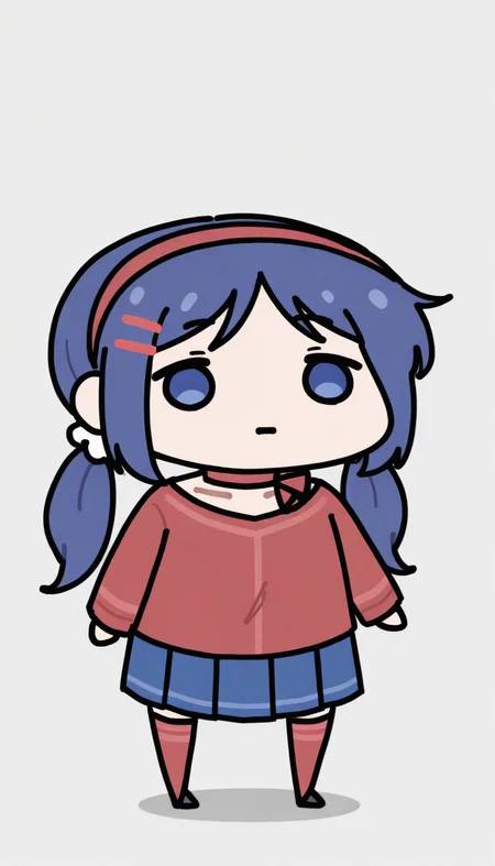 simple background,grey background,1girl,
mita_(miside),standing,cowboy shot<lora:Mita:0.7>long hair,hairclip,long sleeves,blue hair,low twintails,red hairband,white scrunchie,red sweater,collarbone,red choker,pleated skirt,blue skirt,ribbon choker,red thighhighs,zettai ryouiki<lora:style_walfie_illustriousXL-GLoRA:1>(chibi,blue dot eyes:1.3)