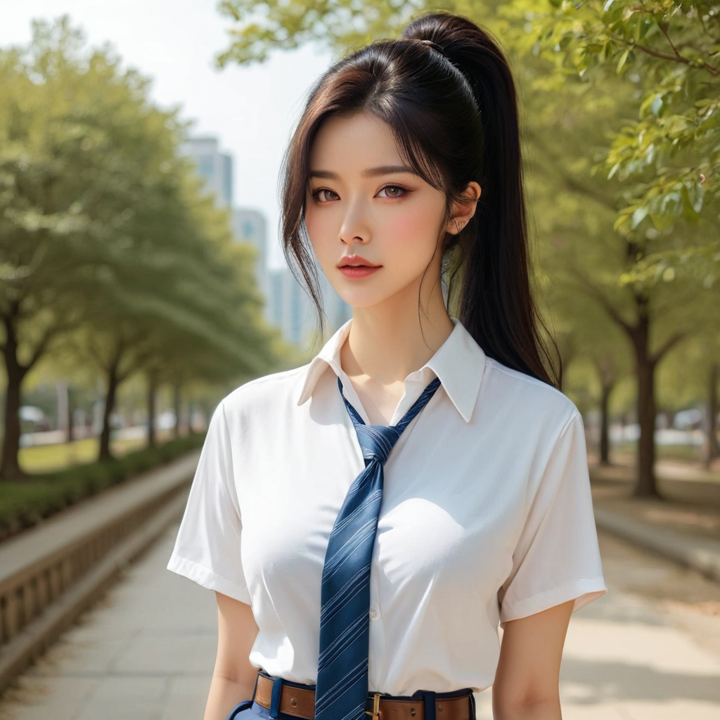 [10]a stunning real medium breasts Korean woman with long, flowing dark hair, her piercing gaze directly addressing the viewer. score_9, score_8_up, score_7_up, 4k, high quality, (best quality:1.1), realistic, photorealistic, close-up, upper body, (ultra HD quality details), High Fashion, A highly detailed, realistic digital photo of a Korean woman 28yo with a pale complexion, emphasizing her enigmatic and mystical aura,, high resolution, rich textures, and contemplative mood. Her eyes are a deep piercing and  brown, dynamic, dramatic, haute couture, elegant, ornate clothing, dark straight hair with a few loose strands framing her face, against a cyan gradient background, Realistic photograph, Movie light, film grain, necktie, skirt, ponytail, school uniform, shirt, looking at viewer, outdoors, white shirt, blue skirt, tree, cosplay, belt, <lora:JennifePonySRV1:1>, <lora:add-detail-xl:0.5>, <lora:Expressive_H-000001:1.2>, <lora:IzayoiLycoXL:0.3>, embedding:pureerosface_v1, medium breasts,