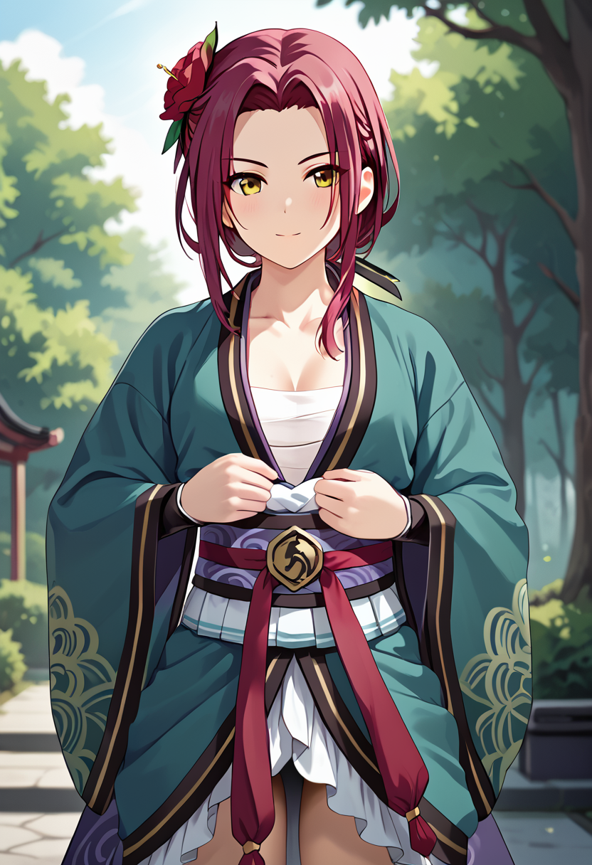 <lora:ruka_Pony-10:0.7> ,score 9,score 8 up,score 7 up,1girl,tachiarairuka,yellow eyes,red hair,red hair flower,rukadefaultoutfit,japanese clothes, cowboy shot,