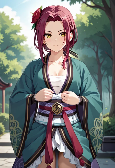 <lora:ruka_Pony-10:0.7> ,score 9,score 8 up,score 7 up,1girl,tachiarairuka,yellow eyes,red hair,red hair flower,rukadefaultoutfit,japanese clothes, cowboy shot,