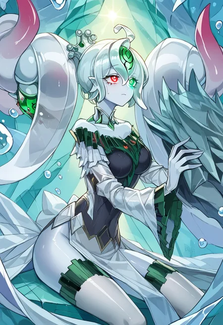 score_9, score_8_up, score_7_up, source_anime, verybadimagenegative_v1.3, easynegative, perfect lighting, ExpressiveH. rating_safe
BREAK
(ygoaegirine), colored skin, slime girl, short hair, transparent, crown, hair ornaments, heterochromia, green eye, red eye, glowing eyes
BREAK
(detailed face:1.3), beautiful face, teardrop breasts, (medium breasts:1.2), curvy, heart-shaped ass, perfect body, perfect hands, tall,
BREAK
1girl, solo, emotionless, (dress, thighhighs), sitting in a throne,