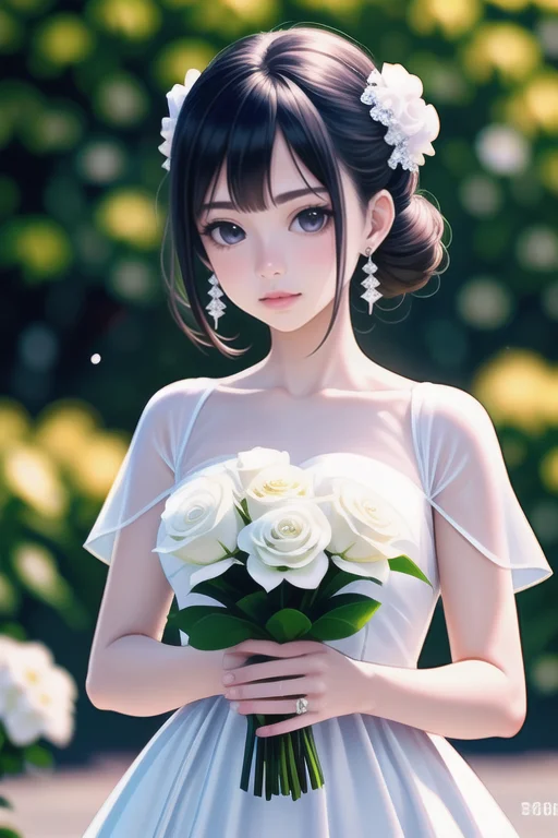 8k, RAW photo, best quality, (((realistic))), 1girl, black hair, hair bun, jewelry, earrings, white flower, bouquet, white dress, wedding dress, holding, looking at viewer, blurry <lora:LCM_LoRA_Weights_SD15:1>