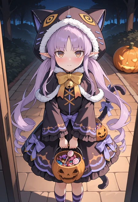 highres, best quality, masterpiece,
1girl, solo, blush,
night, outdoors, pcrkyoka, purple hair, long hair, elf, twintails, ringlets, brown eyes, kyokahal, fur-trimmed hood, cat hood, hooded capelet, black dress, print dress, jingle bell, yellow bow, wide sleeves, cat tail, tail ornament, purple bow, jack-o'-lantern ornament, striped socks, blush, standing, holding bucket, candy bucket, looking at viewer, <lora:_kyouka_pcr-elesico-ilxlC:1>
