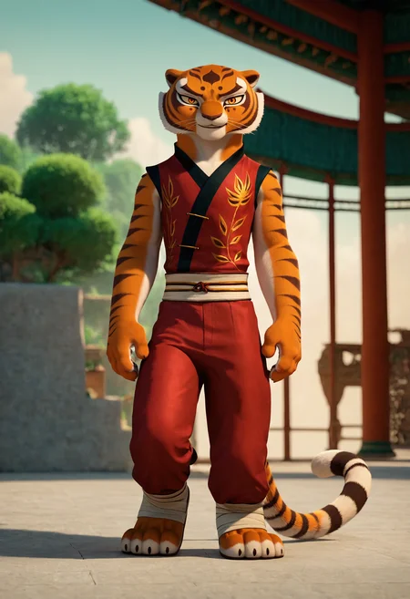 <lora:DreamWorks_Furry_Mix:0.6>, score_9, score_8_up, score_7_up, score_6_up, BREAK
source_furry, Tigress, 1girl, clothed, full body, (front view:1.2), looking at viewer, smile, perfect face