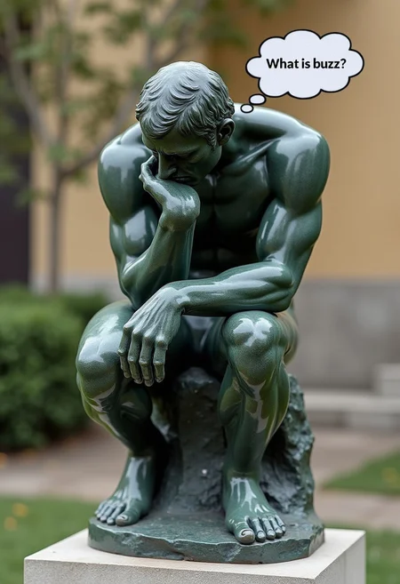 The Thinker statue by Auguste Rodin (with a thought bubble over his head. In the thought bubble are the words "What is buzz?":1.5), thought bubble, NOT a speech bubble