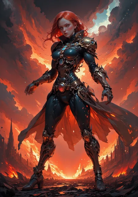 A fierce, armored woman with glowing red eyes, engulfed in flames, stands in a post-apocalyptic battlefield. Her red hair flows with the heat of the fire surrounding her, while her black and crimson futuristic armor pulses with energy. She clenches her fists, and flames burst out from her body, igniting the ground beneath her. The sky above is dark and filled with swirling ash, and debris floats through the air as she prepares for battle. The camera tracks her from a low angle, slowly zooming in on her face as her eyes burn brighter. As the scene intensifies, a wave of fire erupts from her, engulfing everything in its path. More: The scene takes place during a fiery sunset, with a dark red sky. Embers float in the air, creating a tense and dramatic atmosphere. Intense lighting highlights her armor and the fire, emphasizing her power.
 <lora:DarksunRIDDV3:0.6> <lora:flux_hyperkraximalism-crazy:0.6> <lora:Midjourney_-_SemiReal_Dreams_FLUX_LoRA:0.6> <lora:CPA:0.6> <lora:BLUE_mk4_angel_FLUX_01:0.6> <lora:BioInk2FLUX:0.6>