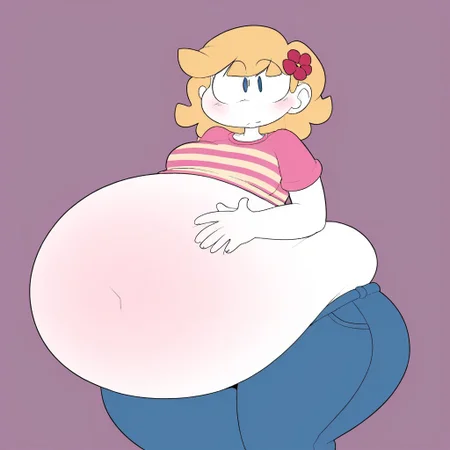 HappyLikeAWall, 1girl, black eyes, single hairflower, closed mouth, blue eyes, blonde hair, pink striped shirt, jeans, gigantic belly,