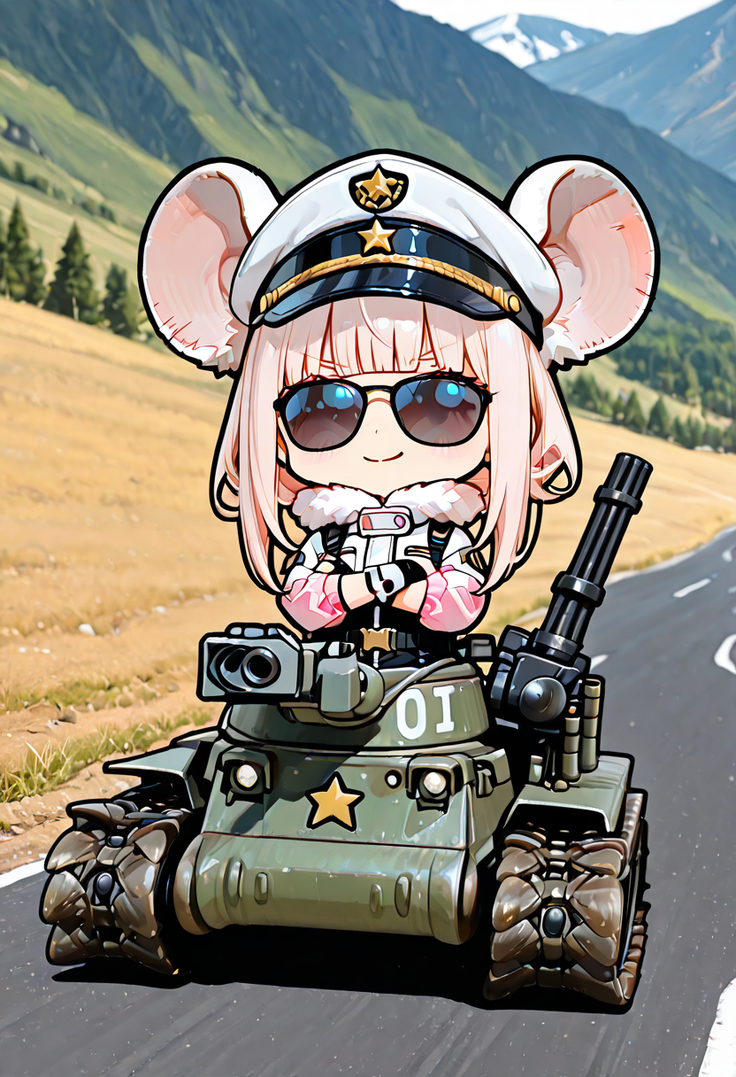 masterpiece, ultra-HD, very aesthetic, 8K, high detail, depth of field, score_9, score_8_up, high detail, 
BREAK
BREAK
1girl, solo, light black hair, medium-length hair, blunt bangs, flowing hair, Light pink flared sleeves, light pink cropped flight jacket, white base with black pattern tight combat suit, white fur collar, zippered opening, unzipped, patchwork style, high collar, fingerless gloves, wrist guards, functional belt, hip accessory, safety harness buckle, oversized rat ears, chibi, 
BREAK
bonaparte /(tank/), turret, cannon, minigun, smoke projector, left-air intake, caterpillar tracks, quadrupedal mode, 
BREAK
Wearing sunglasses, cover eyes, arms crossed, smiling, star symbol, military cap
BREAK
road, Distant mountain scenery, gravel, daytime, 
BREAK
<lora:Rat_Chibi:1>, <lora:IL_bonaparte_tank:1>,