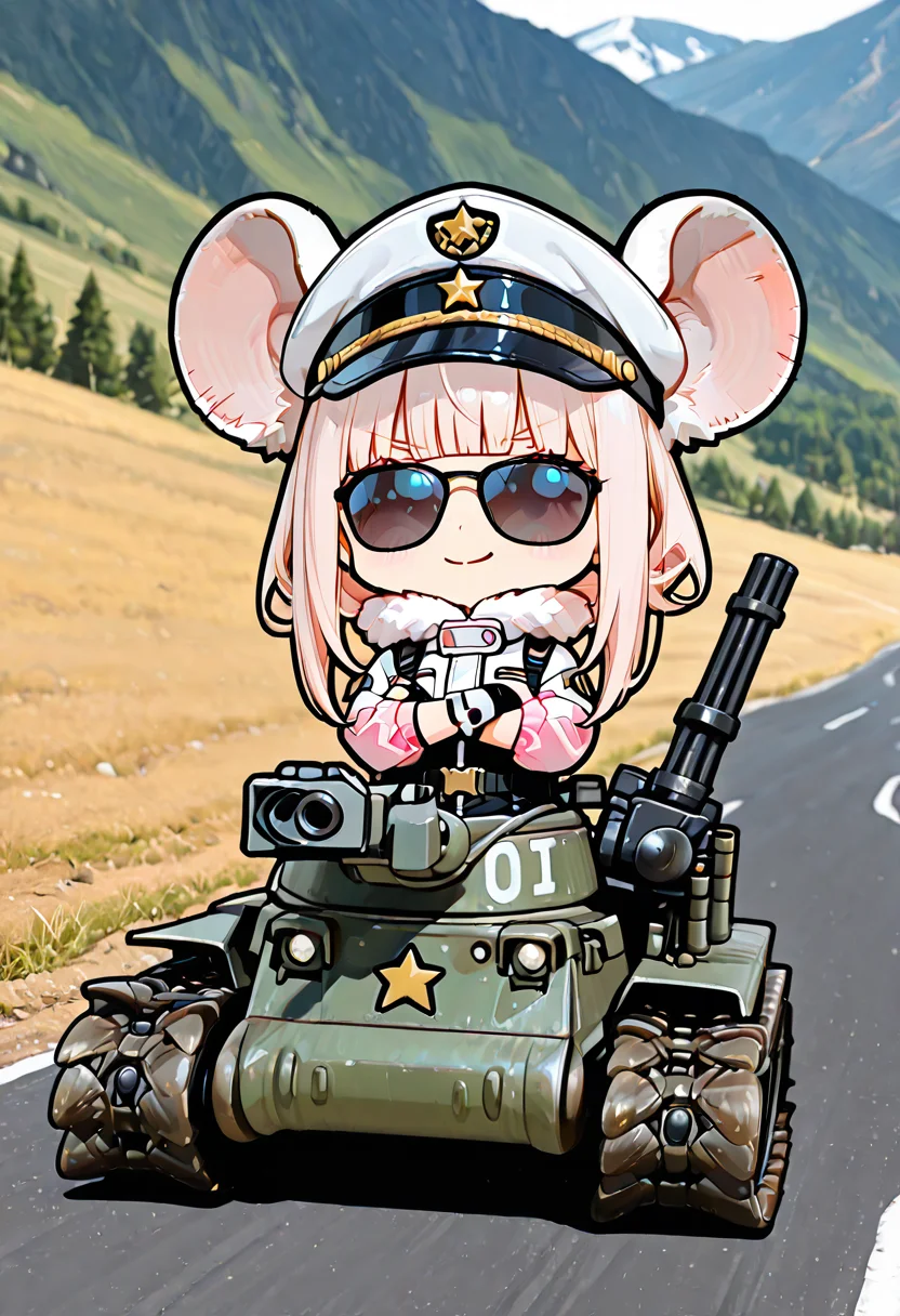 masterpiece, ultra-HD, very aesthetic, 8K, high detail, depth of field, score_9, score_8_up, high detail,
BREAK
BREAK
1girl, solo, light black hair, medium-length hair, blunt bangs, flowing hair, Light pink flared sleeves, light pink cropped flight jacket, white base with black pattern tight combat suit, white fur collar, zippered opening, unzipped, patchwork style, high collar, fingerless gloves, wrist guards, functional belt, hip accessory, safety harness buckle, oversized rat ears, chibi,
BREAK
bonaparte /(tank/), turret, cannon, minigun, smoke projector, left-air intake, caterpillar tracks, quadrupedal mode,
BREAK
Wearing sunglasses, cover eyes, arms crossed, smiling, star symbol, military cap
BREAK
road, Distant mountain scenery, gravel, daytime,
BREAK
<lora:Rat_Chibi:1>, <lora:IL_bonaparte_tank:1>,