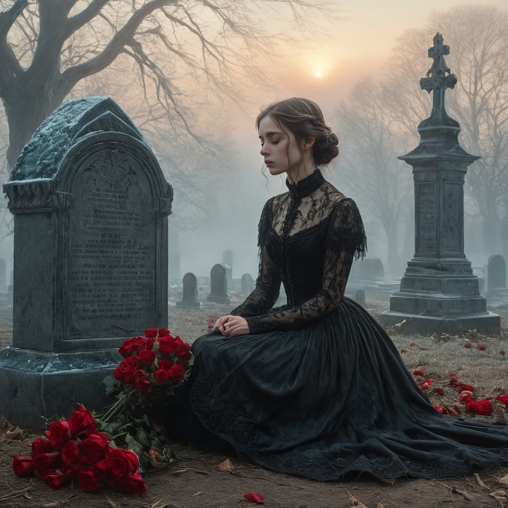 epiCRealism, masterpiece, highly detailed, one girl, pale and delicate, mourning in front of a tomb in a frozen winter morning, mist still clings to the ground while a timid Sun rises on the horizon, a bright red bouquet of roses lays on the tombstone, she wears a highly detailed black laced Victorian dress and sits on the earth in front of the tomb, the skirt spreads around her, view from the side, a small tear drops through her cheek,