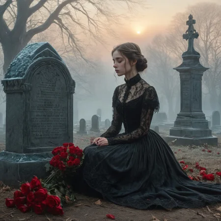 epiCRealism, masterpiece, highly detailed, one girl, pale and delicate, mourning in front of a tomb in a frozen winter morning, mist still clings to the ground while a timid Sun rises on the horizon, a bright red bouquet of roses lays on the tombstone, she wears a highly detailed black laced Victorian dress and sits on the earth in front of the tomb, the skirt spreads around her, view from the side, a small tear drops through her cheek,