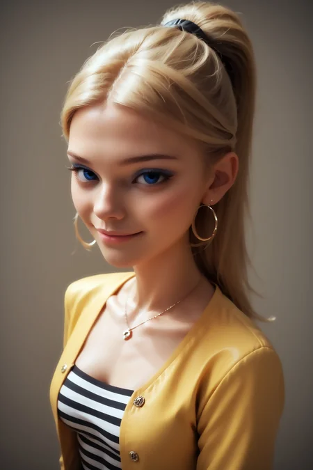 score_9, score_8_up, score_8, score_7_up, aesthethic, detailed eyes, very detailed, detailed face, amazing, aesthethic, perfect hands, solo, imtdchloeb2, 1girl, expressionless, smile, looking at viewer, from above, blonde hair, blue eyes, necklace, makeup, shirt, striped shirt, ponytail, eyeshadow, long hair, earrings, medium breast, white pants, yellow jacket, belt, eyelashes, wide hips, fit body, sexy, dynamic angle, simple background.
