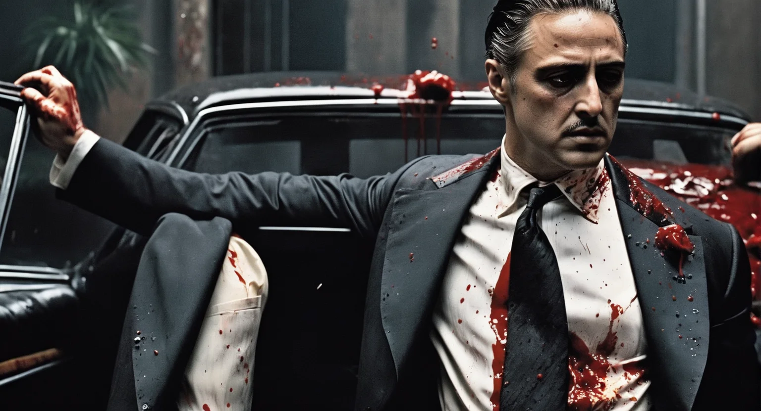 Dark Fantasy Art of <lora:The Godfather Style:1.2> Cinematic Film Look
a man in a suit is brutally murdered in front of his car with many bullet wounds all over his body and blood splatter all over his body and bullet holes all over the car The Godfather Style, dark, moody, dark fantasy style