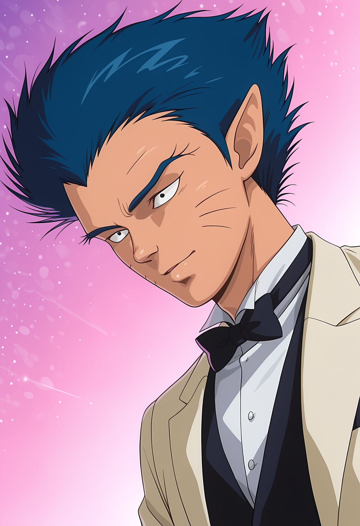 masterpiece, best quality, amazing quality, dutch angle, abstract background, BREAK
solo, 1boy, amanojyaku, blue hair, black eyes, whiskers, pointed ears, tuxedo, bow tie, formal, upper body focus, BREAK
<lora:cfg_scale_boost:.6>  <lora:Amano_Jyaku_-_Urotsukidoji_-_ILXL:1>