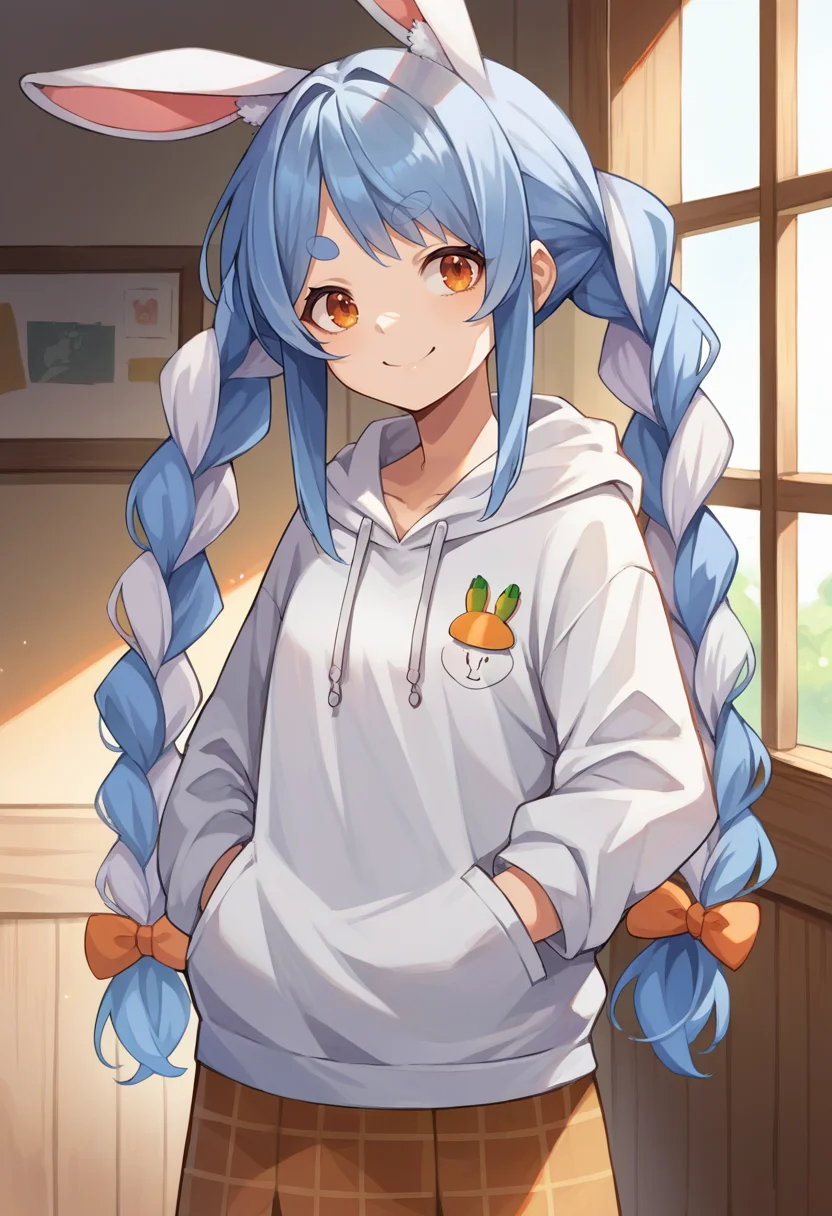 score_9, score_8_up, source_anime, 1girl, solo, UsadaPekora, orange eyes, thick eyebrows, rabbit ears, two-tone hair, blue hair, white hair, long hair, twin braids, indoors, plaid skirt, hoodie, smile, hands in pockets, <lora:ChamUsadaPekoraPonyXL:1>